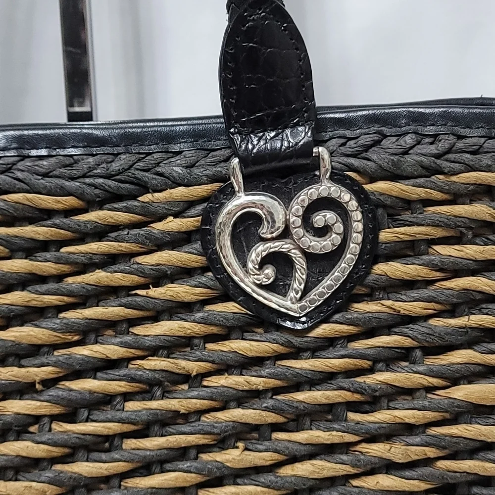 Vintage Brighton Raffia Straw Leather Trim Shoulder Bag - Black & Tan - Picture 3 of 16